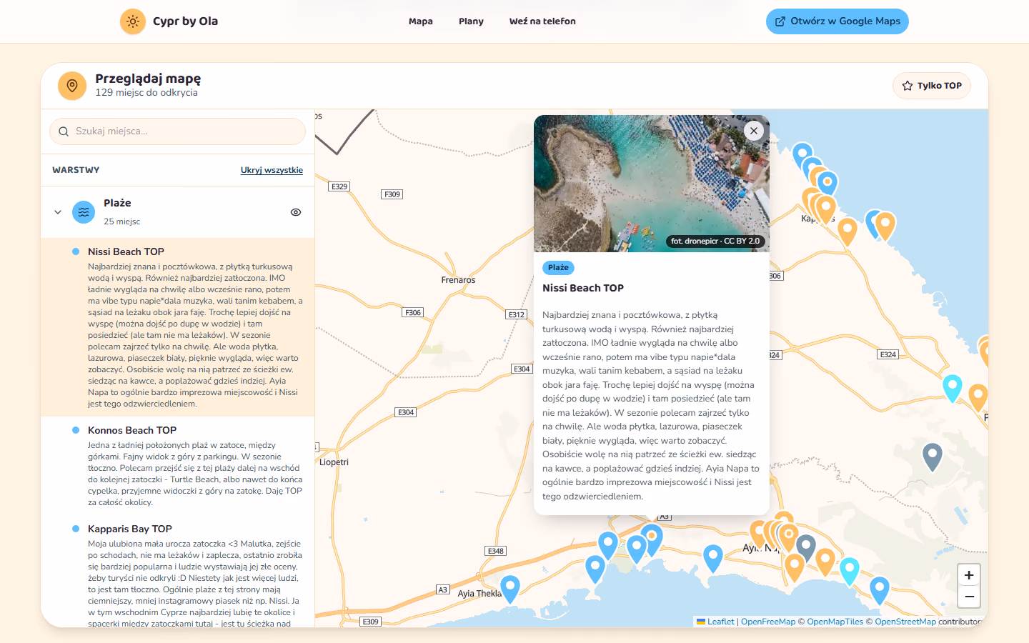 The Cypr by Ola map, with a list of beaches beside a map of Cyprus covered in pins and the Nissi Beach card open