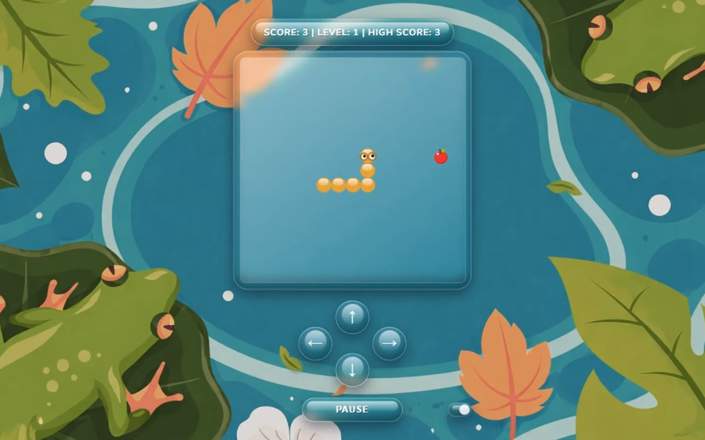 Snake game in its dimmed theme, a mustard snake on a glass board over a teal pond with frogs and leaves
